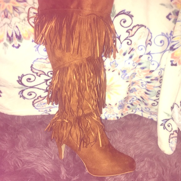 COPY - Cognac Fringed Knee Boots - Picture 1 of 6